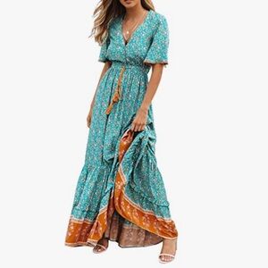 Cotton Boho Floral Maxi Dress | Tassel Tie Waist | Size Medium
